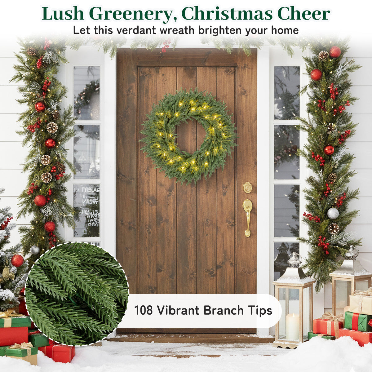 24 Inch Pre-lit Christmas Wreath with 108 Branch Tips and 35 Warm White LED Lights for Wall Window-1 piece