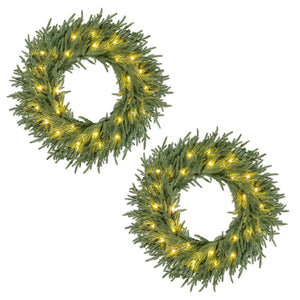24 Inch Pre-lit Christmas Wreath with 108 Branch Tips and 35 Warm White LED Lights for Wall Window-2 piece