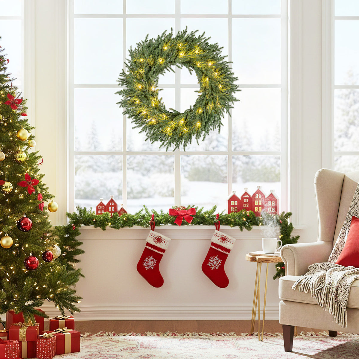 24 Inch Pre-lit Christmas Wreath with 108 Branch Tips and 35 Warm White LED Lights for Wall Window-2 piece