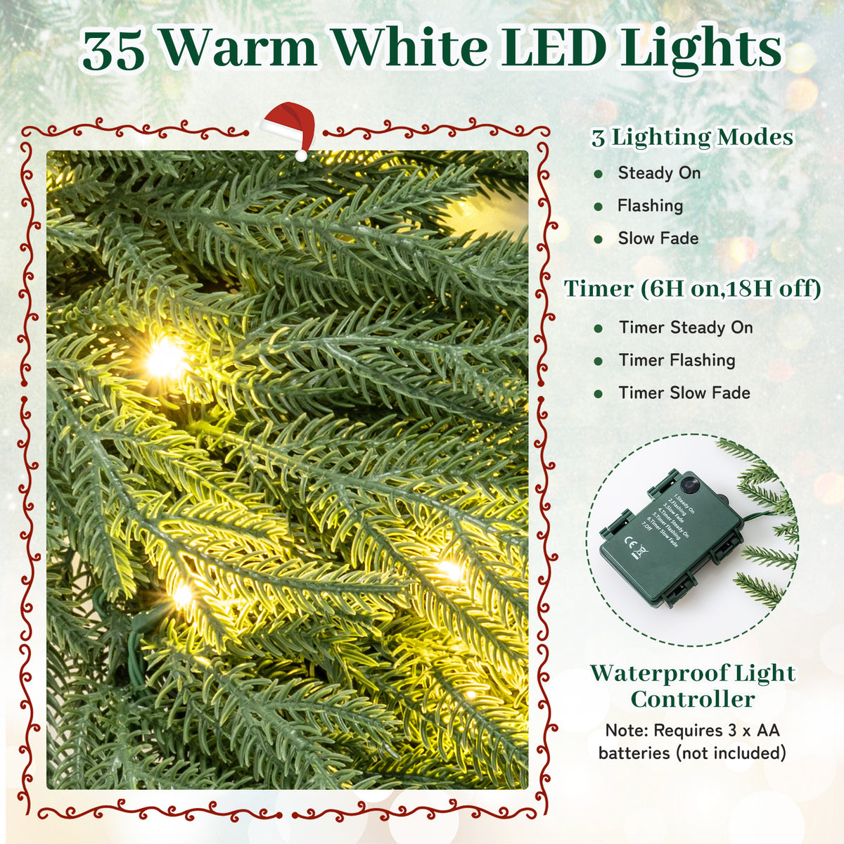24 Inch Pre-lit Christmas Wreath with 108 Branch Tips and 35 Warm White LED Lights for Wall Window-2 piece