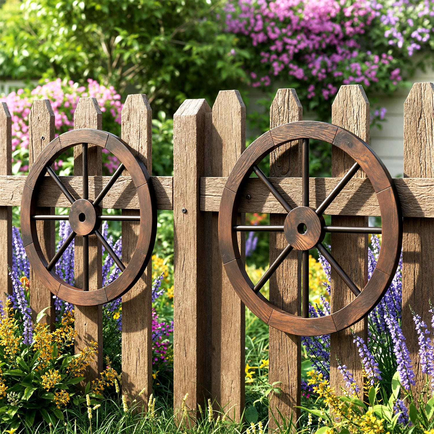 24 Inch Set of 2 Decorative Wooden Wagon Wheel Carbonized Solid Fir Wood