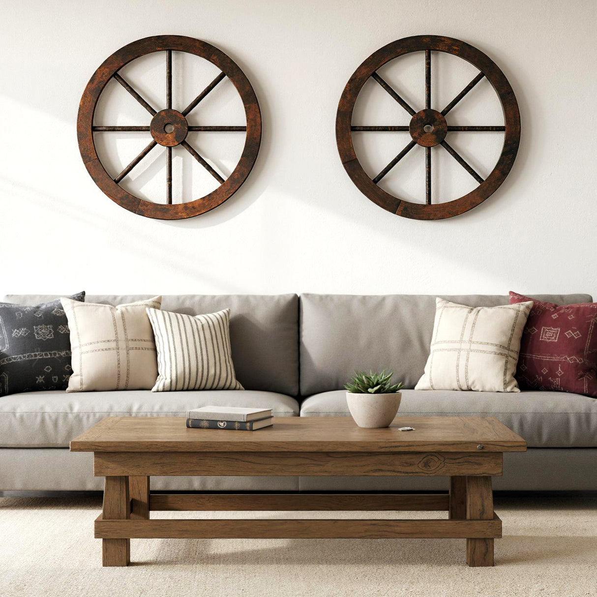 24 Inch Set of 2 Decorative Wooden Wagon Wheel Carbonized Solid Fir Wood