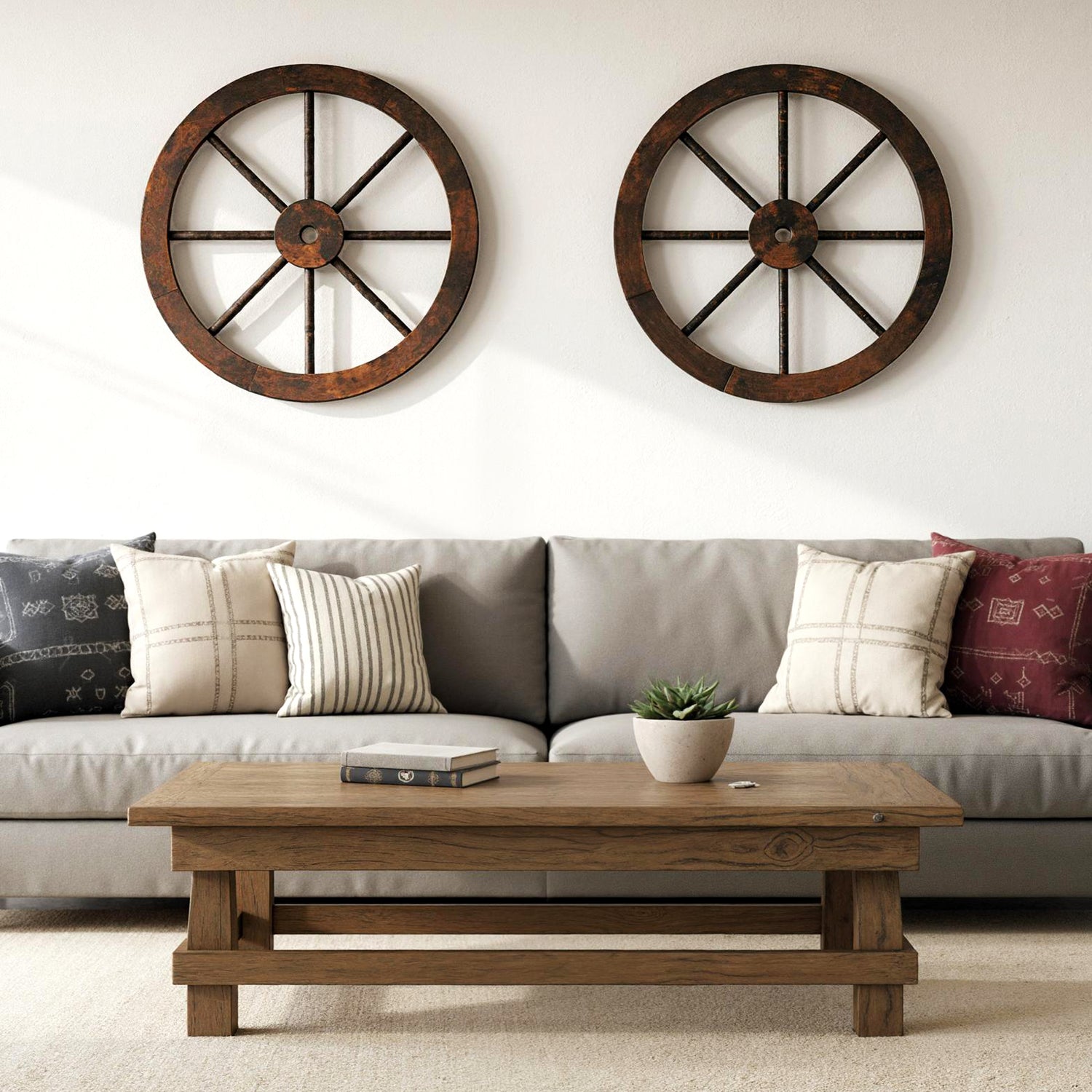 24 Inch Set of 2 Decorative Wooden Wagon Wheel Carbonized Solid Fir Wood