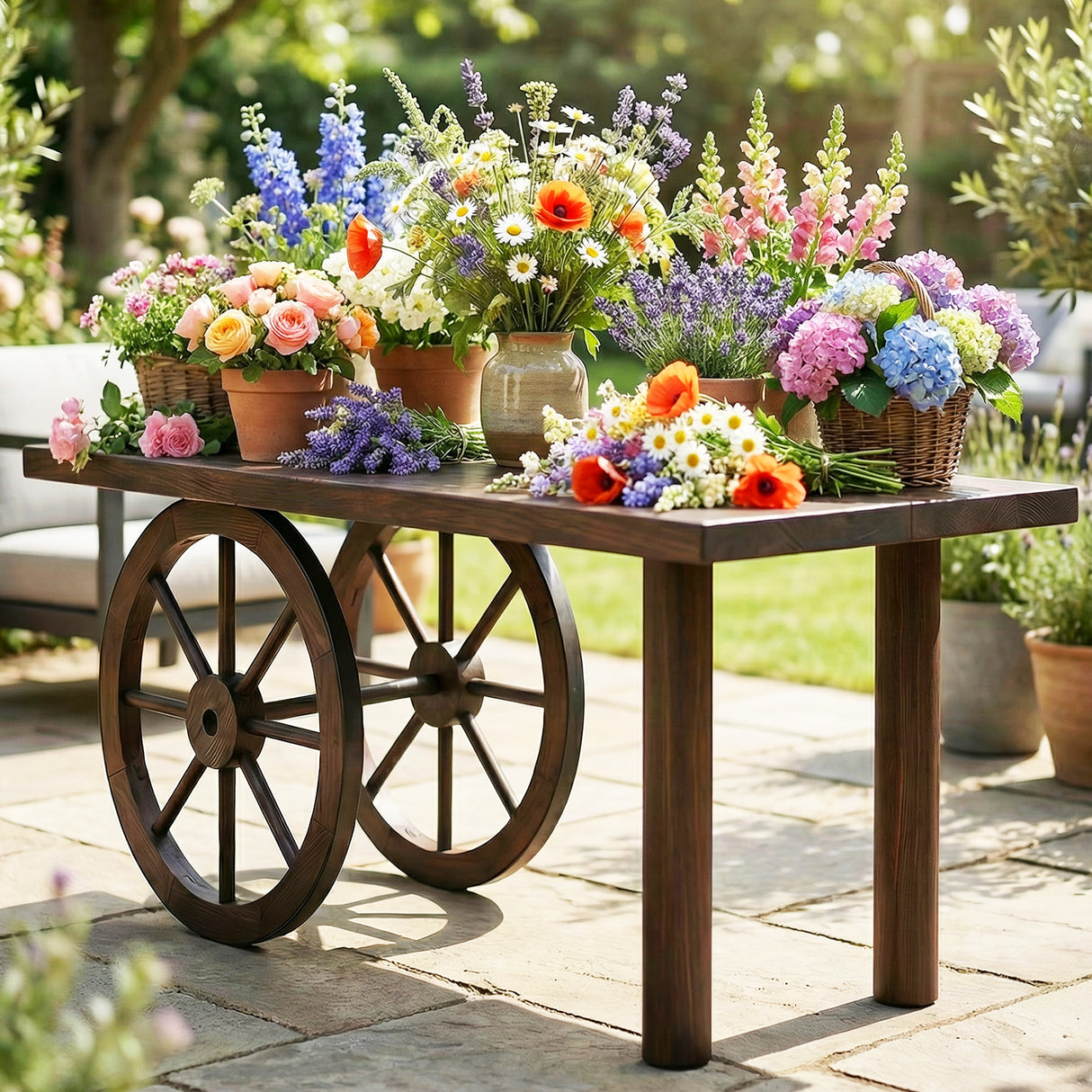 24 Inch Set of 2 Decorative Wooden Wagon Wheel Carbonized Solid Fir Wood