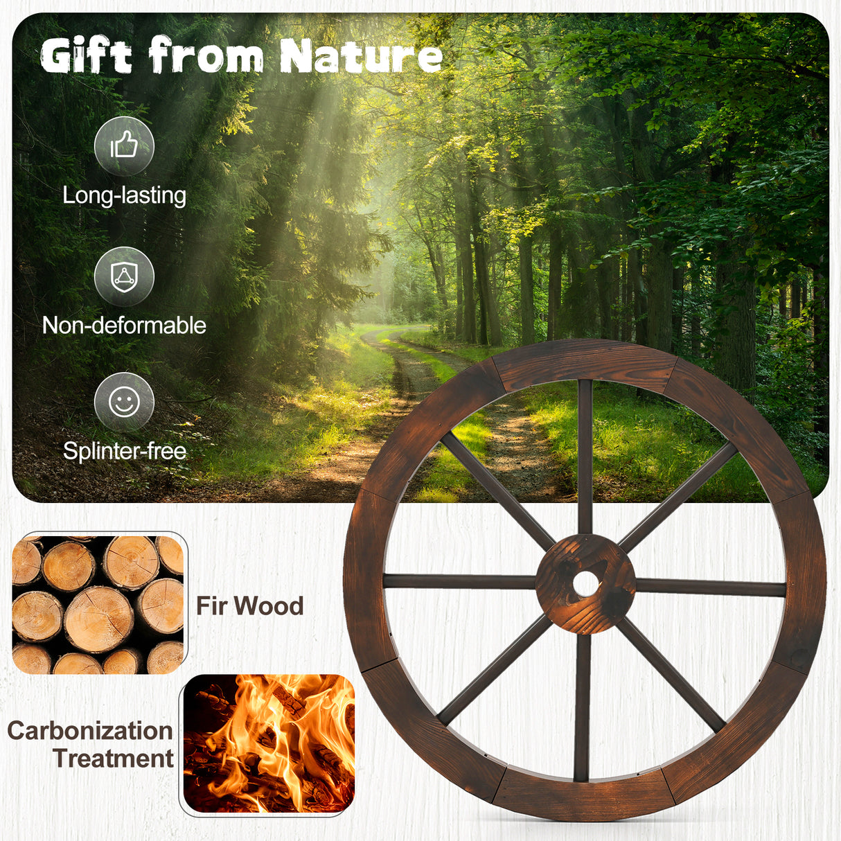 24 Inch Set of 2 Decorative Wooden Wagon Wheel Carbonized Solid Fir Wood