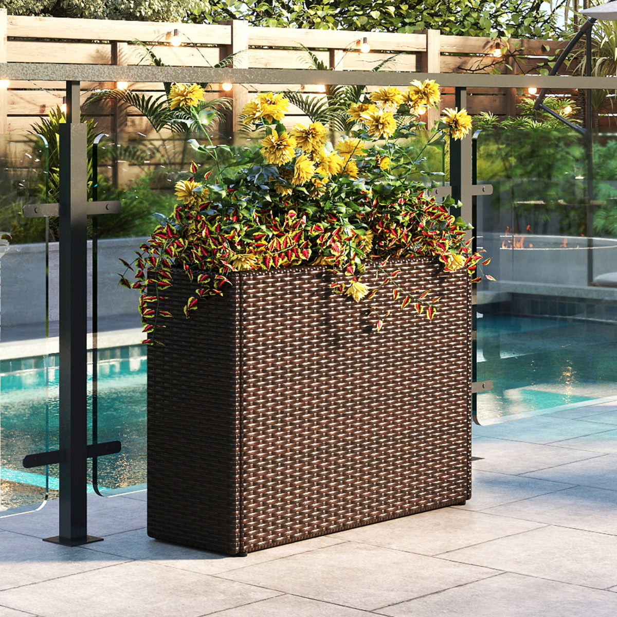 24 Inch Tall Raised Garden Bed All-Weather PE Rattan Wicker Flowerpot with Liner