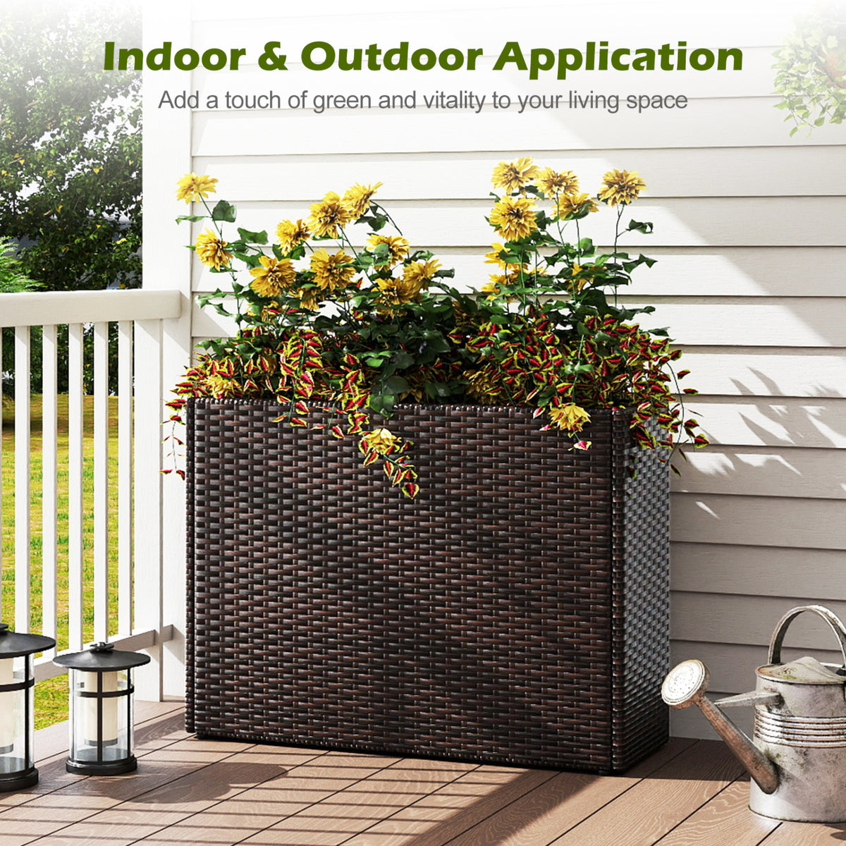 24 Inch Tall Raised Garden Bed All-Weather PE Rattan Wicker Flowerpot with Liner