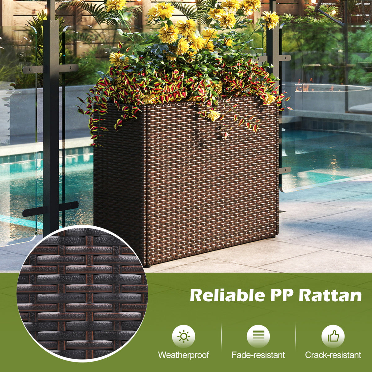 24 Inch Tall Raised Garden Bed All-Weather PE Rattan Wicker Flowerpot with Liner