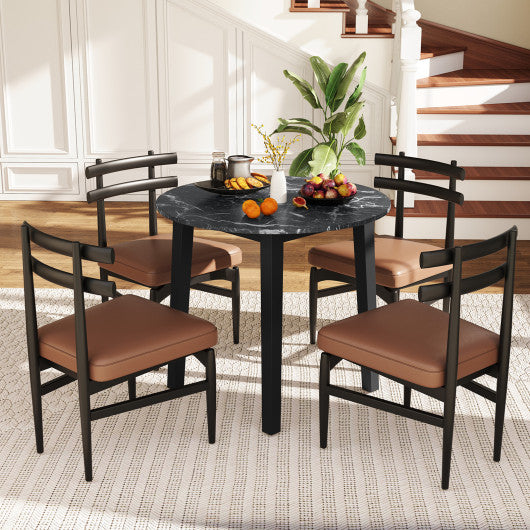 35 Inch Round Dining Table with Rubber Wood Legs and Marble-textured Veneer Tabletop-Black