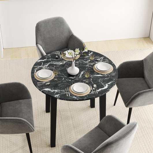35 Inch Round Dining Table with Rubber Wood Legs and Marble-textured Veneer Tabletop-Black