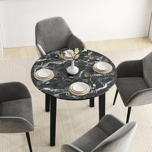 35 Inch Round Dining Table with Rubber Wood Legs and Marble-textured Veneer Tabletop-Black