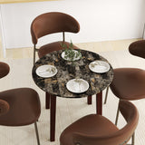 35 Inch Round Dining Table with Rubber Wood Legs and Marble-textured Veneer Tabletop-Brown