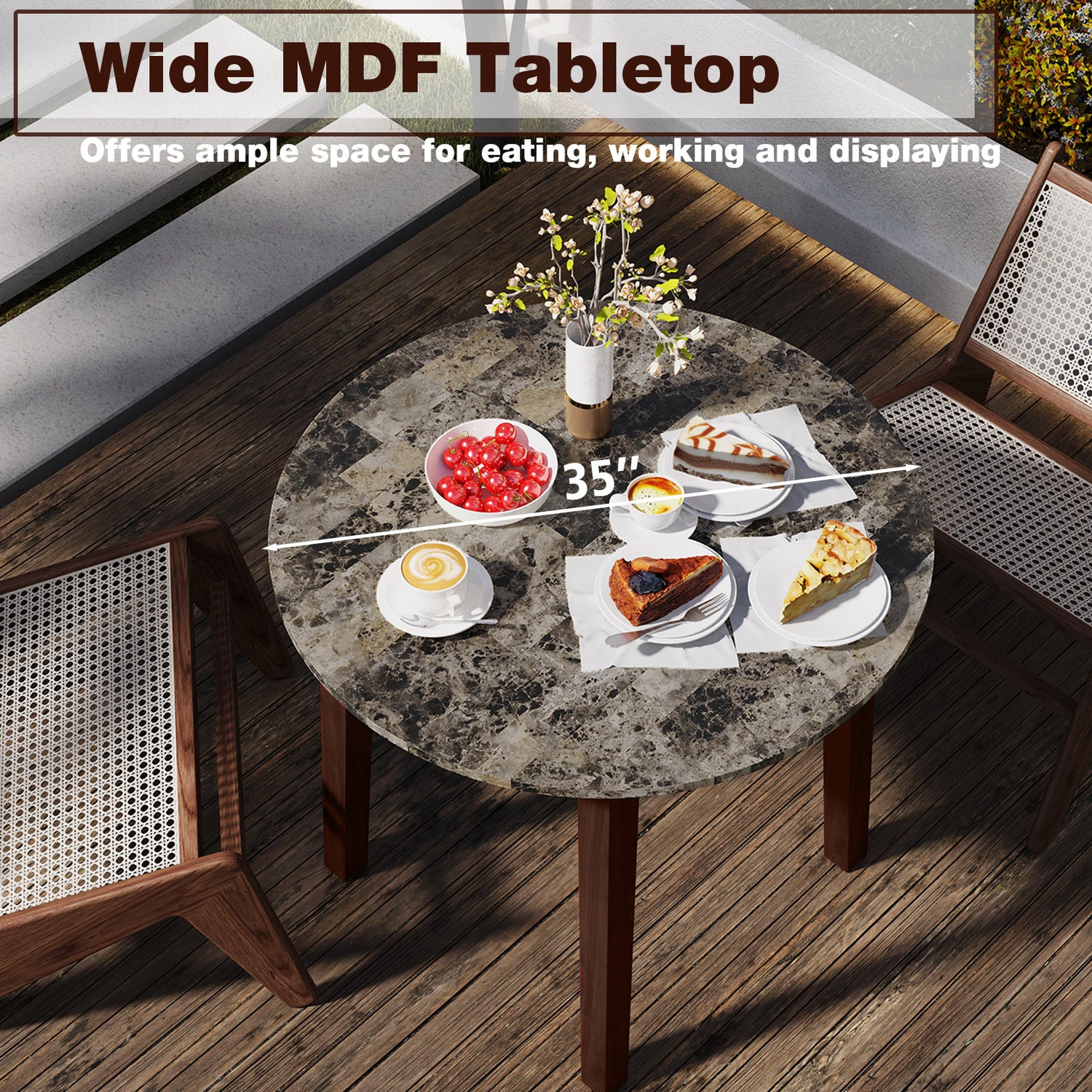 35 Inch Round Dining Table with Rubber Wood Legs and Marble-textured Veneer Tabletop-Brown