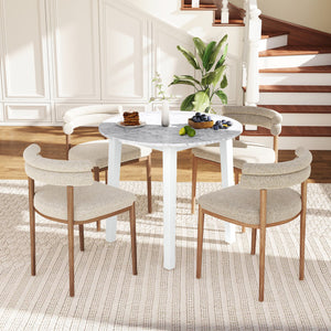 35 Inch Round Dining Table with Rubber Wood Legs and Marble-textured Veneer Tabletop-White