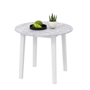 35 Inch Round Dining Table with Rubber Wood Legs and Marble-textured Veneer Tabletop-White