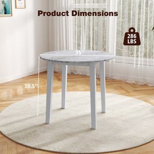 35 Inch Round Dining Table with Rubber Wood Legs and Marble-textured Veneer Tabletop-White