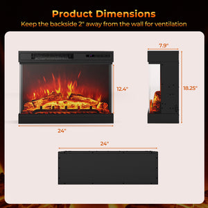 24 Inches 3-Sided Glass Electric Fireplace Heater with Remote Control