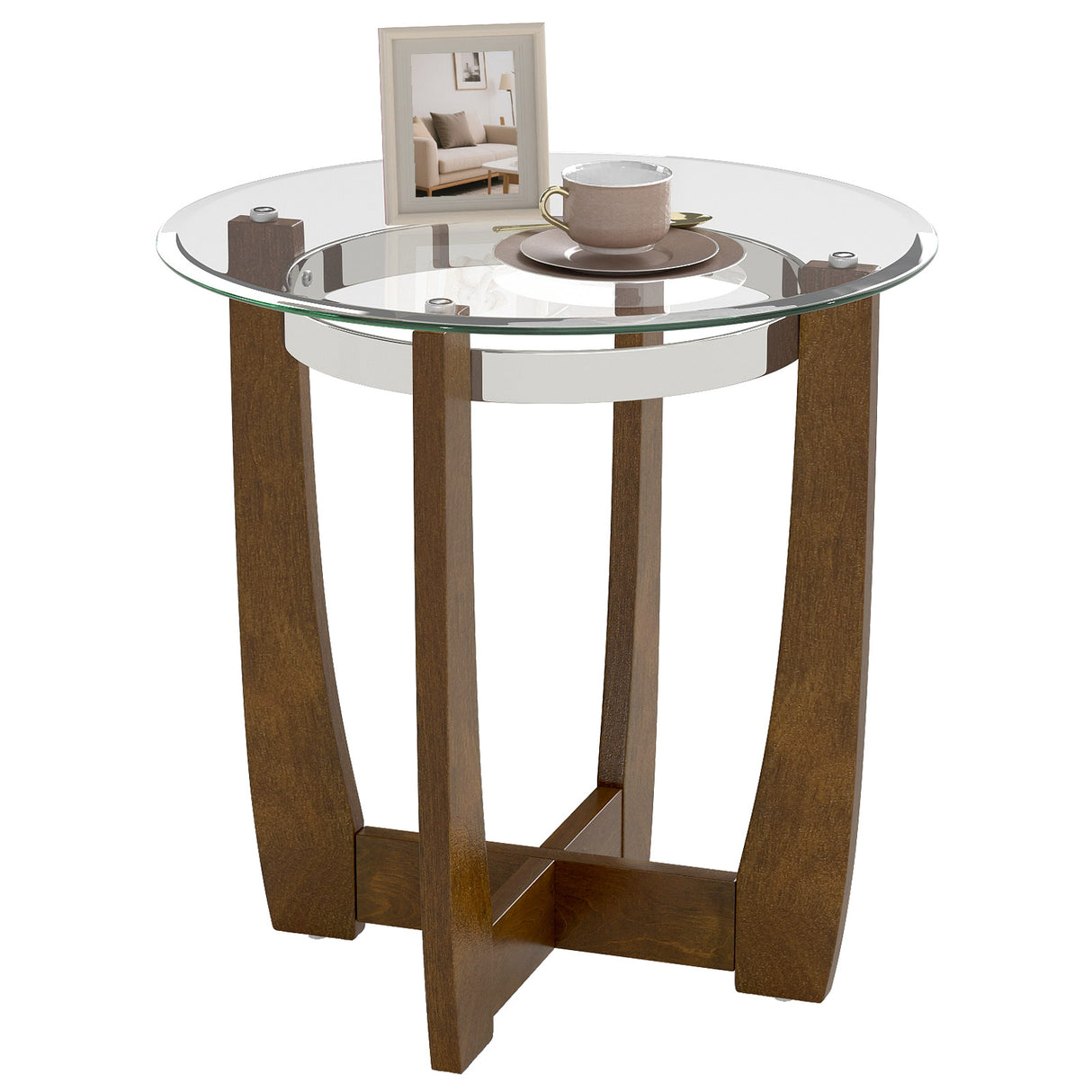 24 Inches Round Side Table with Tempered Glass Top and Solid Rubber Wood Base-Walnut