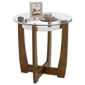 24 Inches Round Side Table with Tempered Glass Top and Solid Rubber Wood Base-Walnut