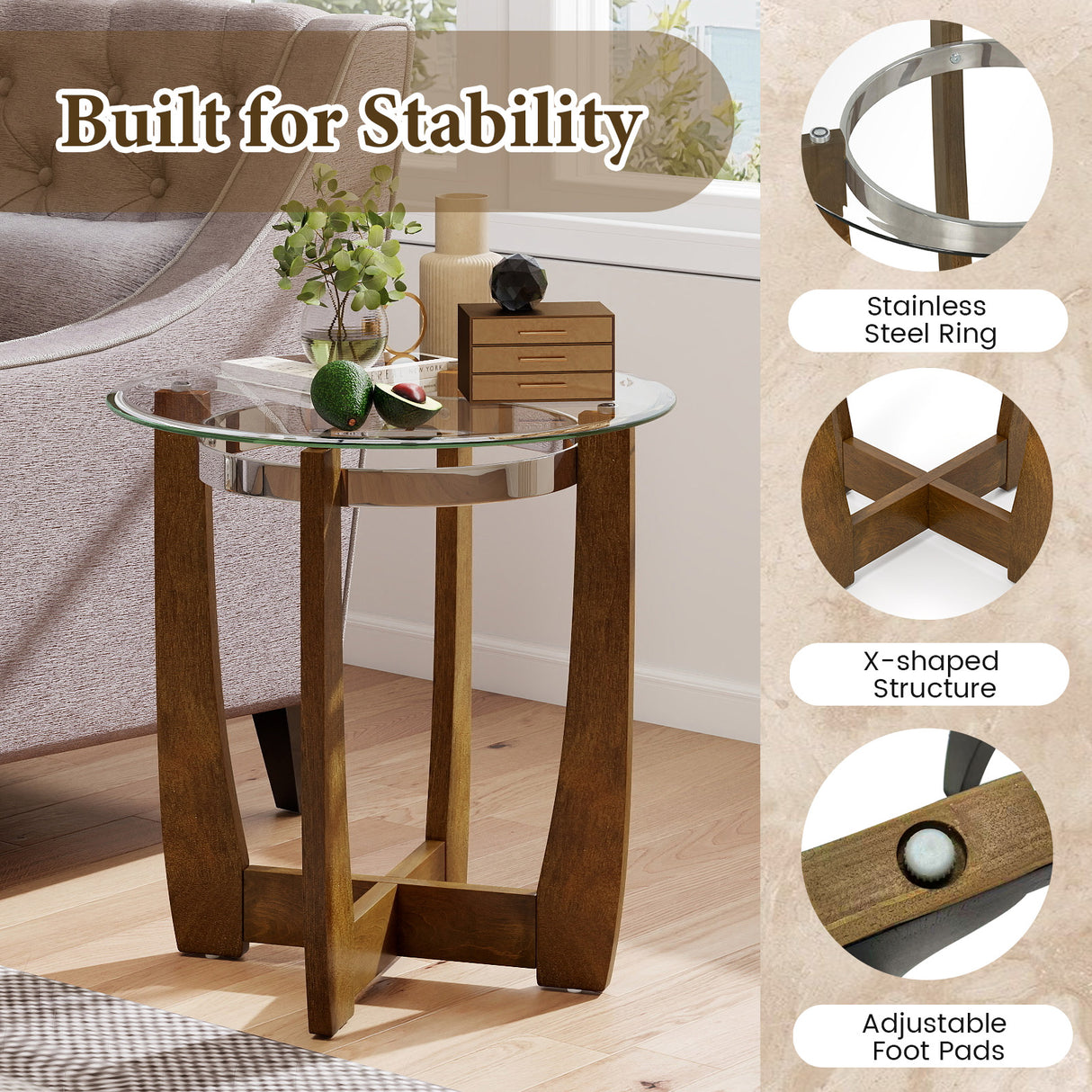 24 Inches Round Side Table with Tempered Glass Top and Solid Rubber Wood Base-Walnut