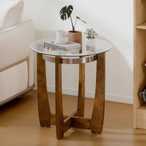 24 Inches Round Side Table with Tempered Glass Top and Solid Rubber Wood Base-Walnut