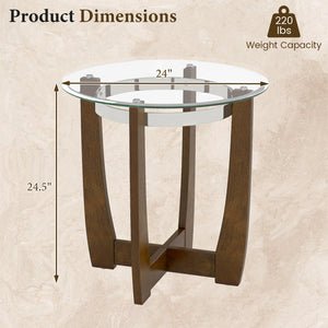 24 Inches Round Side Table with Tempered Glass Top and Solid Rubber Wood Base-Walnut