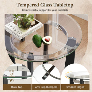 24 Inches Round Side Table with Tempered Glass Top and Solid Rubber Wood Base-Black