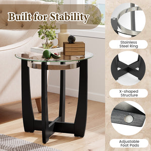 24 Inches Round Side Table with Tempered Glass Top and Solid Rubber Wood Base-Black