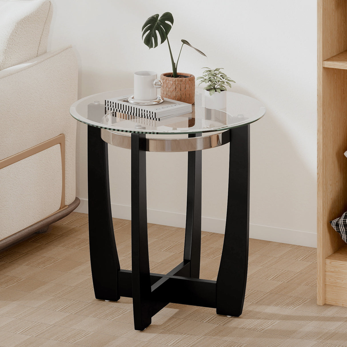 24 Inches Round Side Table with Tempered Glass Top and Solid Rubber Wood Base-Black