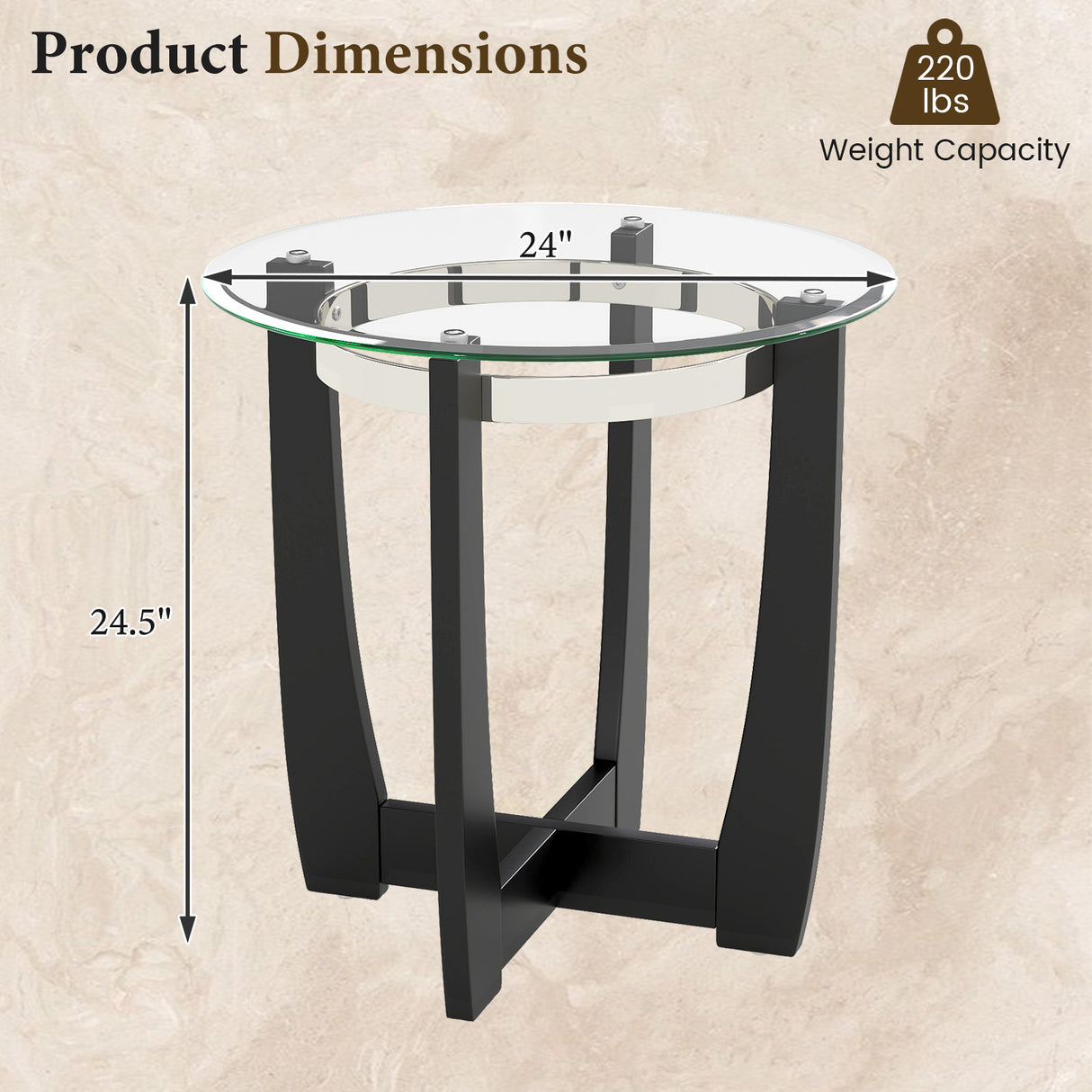 24 Inches Round Side Table with Tempered Glass Top and Solid Rubber Wood Base-Black