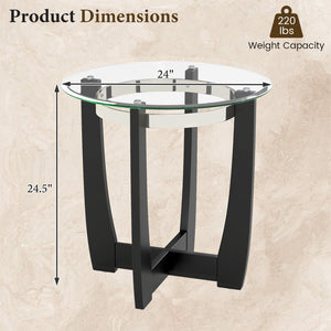 24 Inches Round Side Table with Tempered Glass Top and Solid Rubber Wood Base-Black