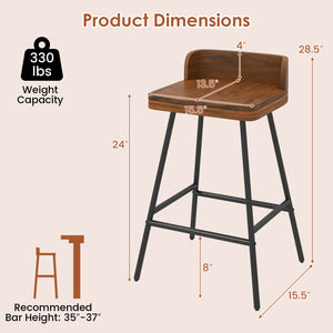 24" Industrial Rubber Wood Bar Stool with Low Back Metal Legs and Footrest-Brown