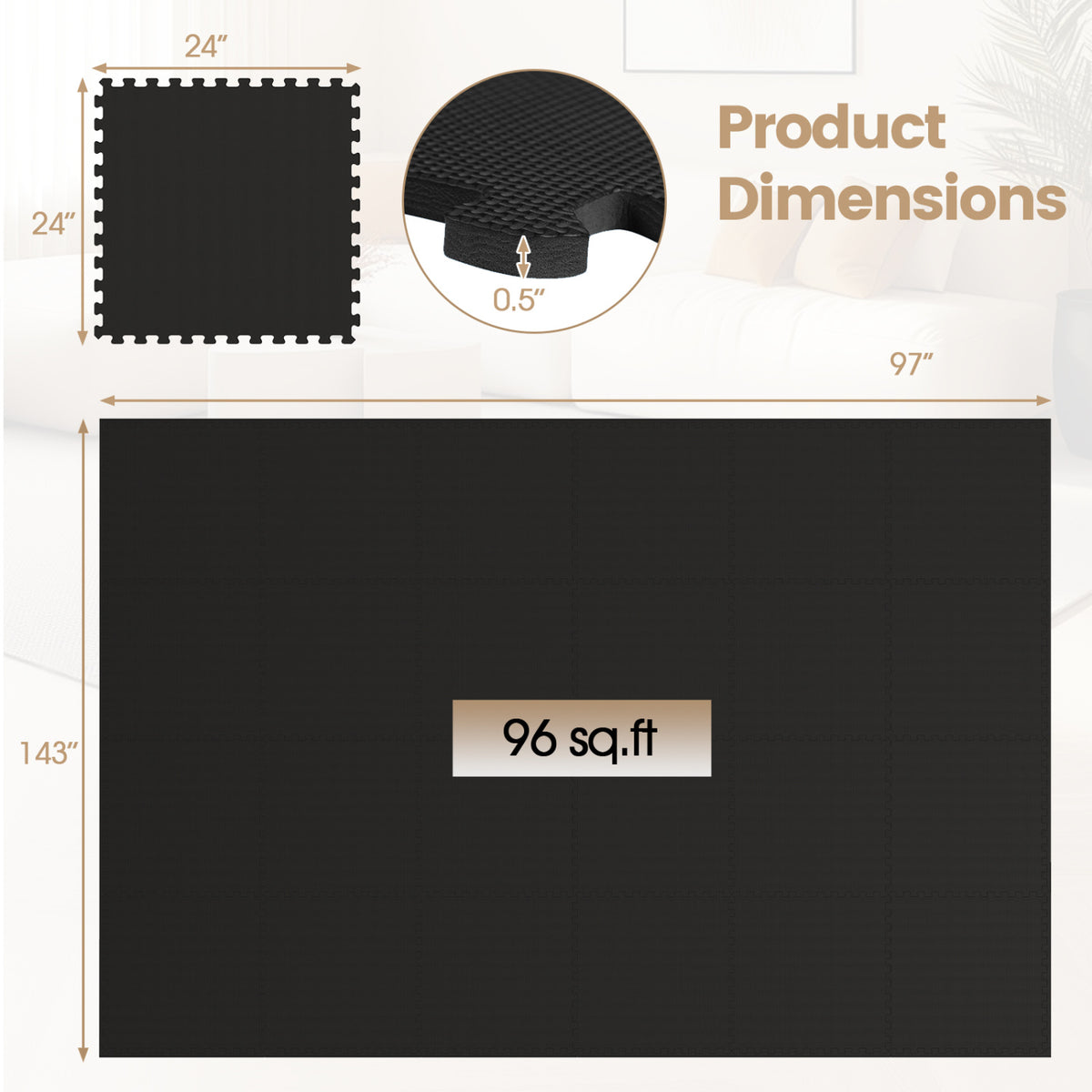 24 Pack Non-Slip Protective Interlocking EVA Foam Floor Tiles-Black