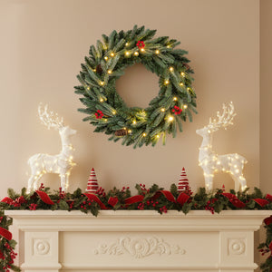 24â€ Pre-lit Christmas Wreath Front Door Artificial Xmas Wreath with 90 Frosted Branch Tips