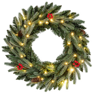 24â€ Pre-lit Christmas Wreath Front Door Artificial Xmas Wreath with 90 Frosted Branch Tips