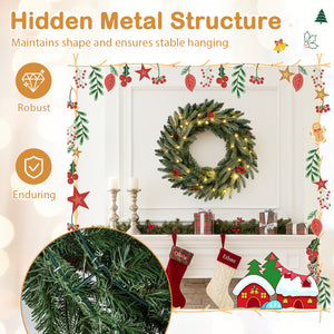 24â€ Pre-lit Christmas Wreath Front Door Artificial Xmas Wreath with 90 Frosted Branch Tips