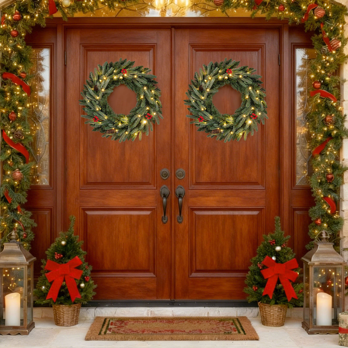 24â€  Pre-lit Christmas Wreath Set of 2 Front Door Artificial Xmas Wreath with 90 Frosted Branch Tips
