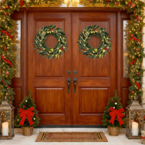 24â€  Pre-lit Christmas Wreath Set of 2 Front Door Artificial Xmas Wreath with 90 Frosted Branch Tips