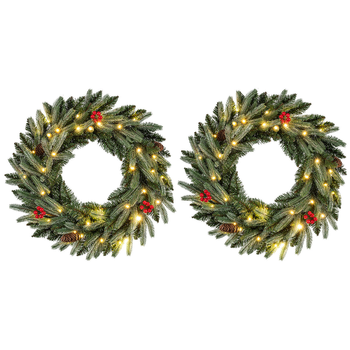 24â€  Pre-lit Christmas Wreath Set of 2 Front Door Artificial Xmas Wreath with 90 Frosted Branch Tips