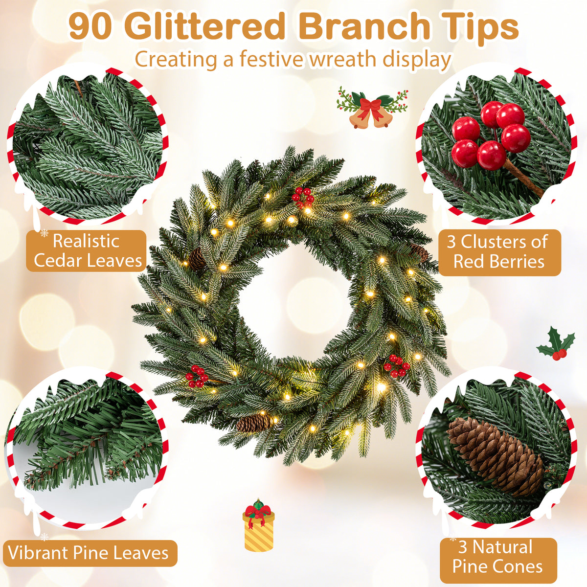 24â€  Pre-lit Christmas Wreath Set of 2 Front Door Artificial Xmas Wreath with 90 Frosted Branch Tips