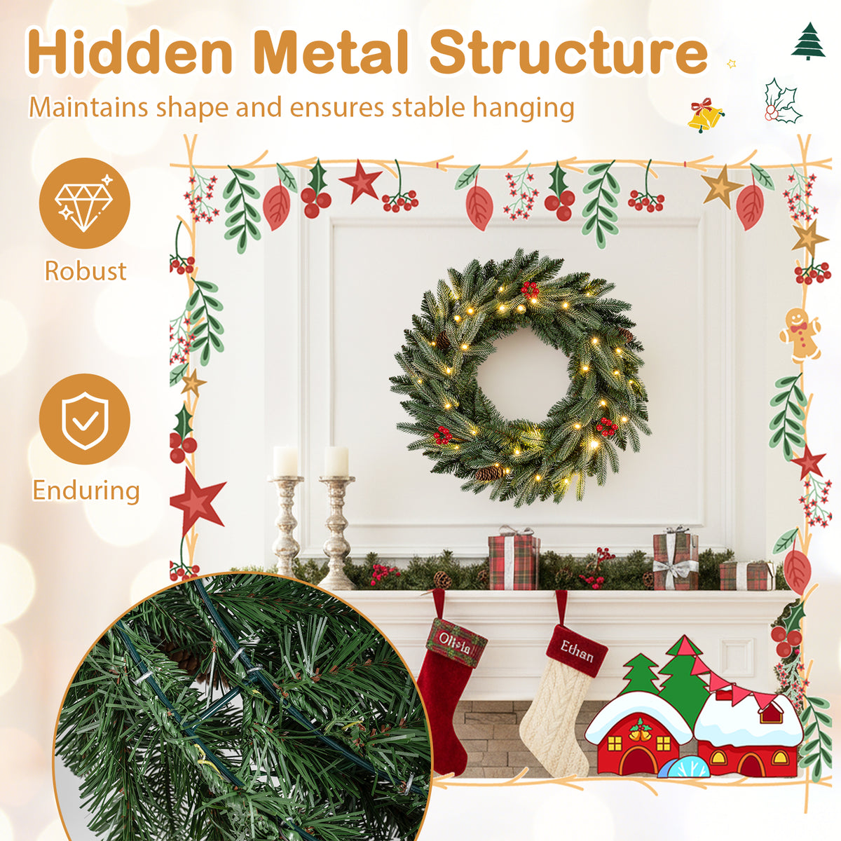 24â€  Pre-lit Christmas Wreath Set of 2 Front Door Artificial Xmas Wreath with 90 Frosted Branch Tips