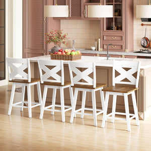 24" Rubberwood Swivel Barstools Set of 4 with Backrest and Large Seat-White