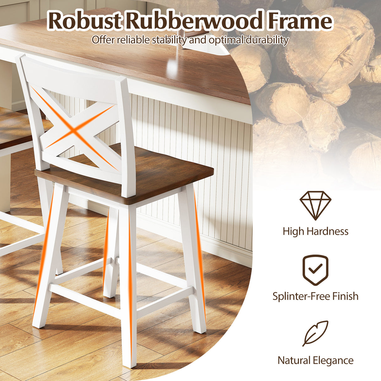 24" Rubberwood Swivel Barstools Set of 4 with Backrest and Large Seat-White