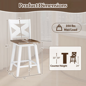 24" Rubberwood Swivel Barstools Set of 4 with Backrest and Large Seat-White