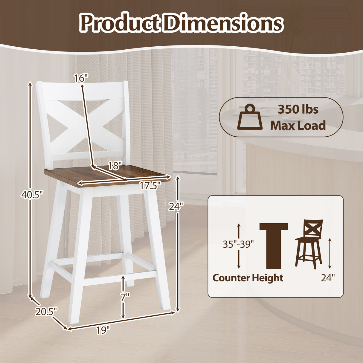 24" Rubberwood Swivel Barstools Set of 2 with Backrest and Large Seat-White