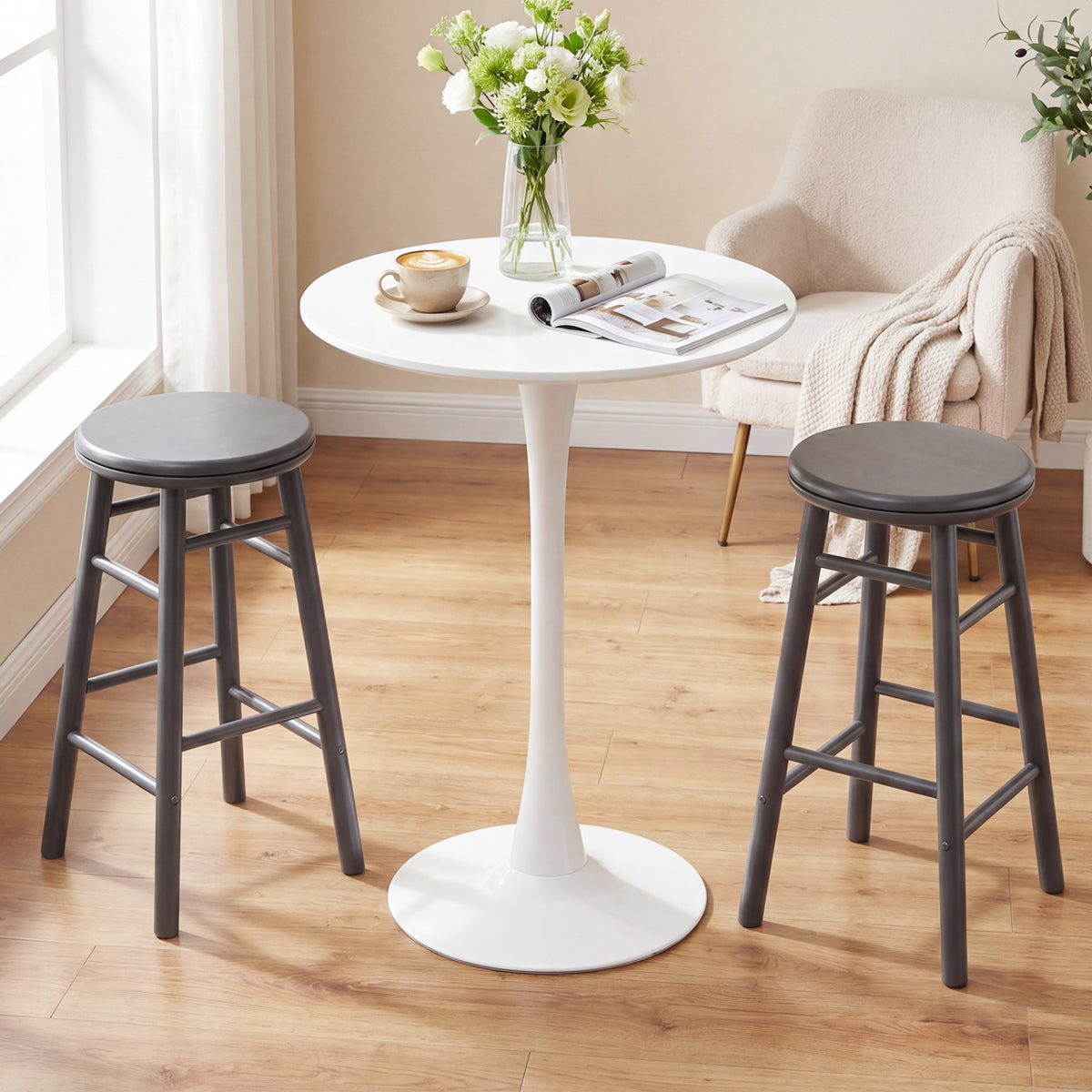 24" Swivel Bar Stools Set of 2 with Footrests & Crossbars-Gray