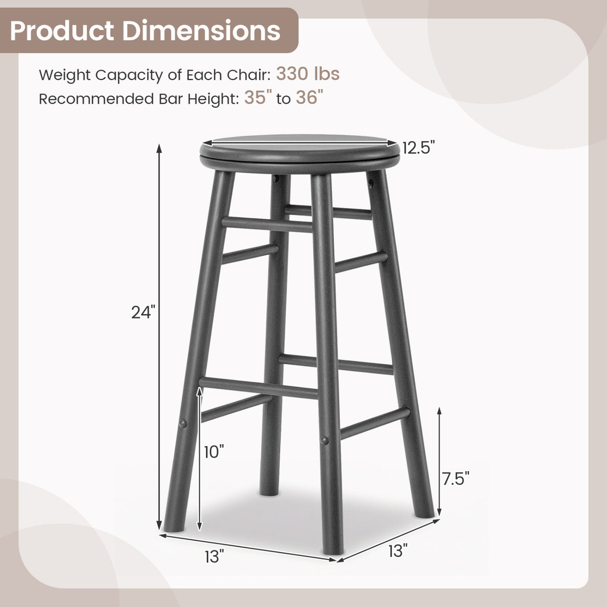 24" Swivel Bar Stools Set of 2 with Footrests & Crossbars-Gray