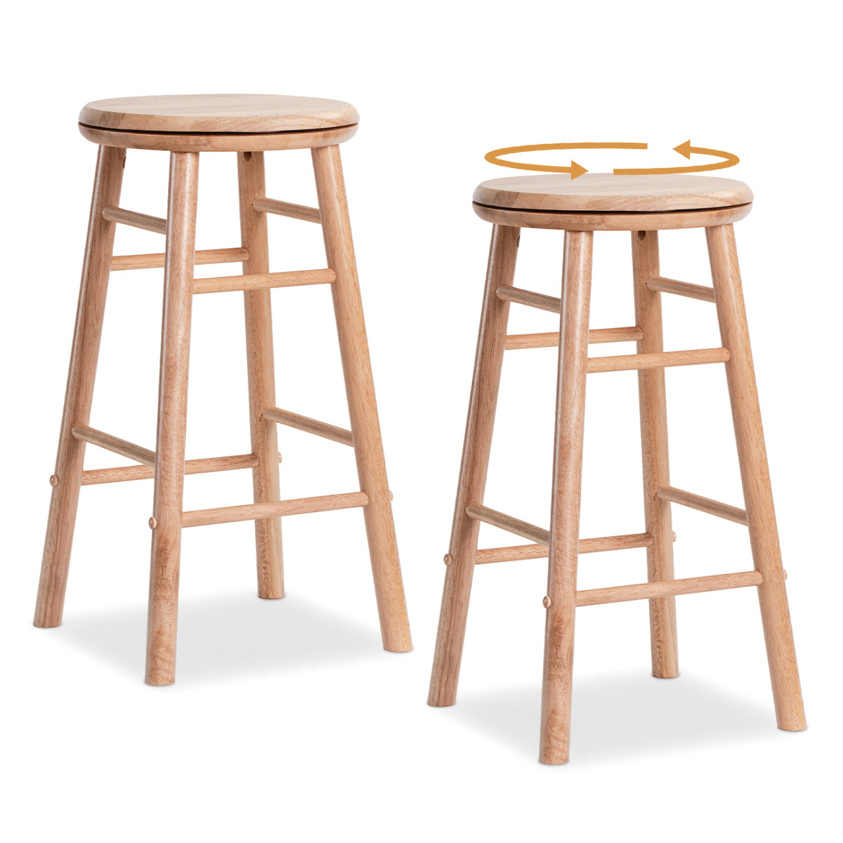 24" Swivel Bar Stools Set of 2 with Footrests & Crossbars-Natural