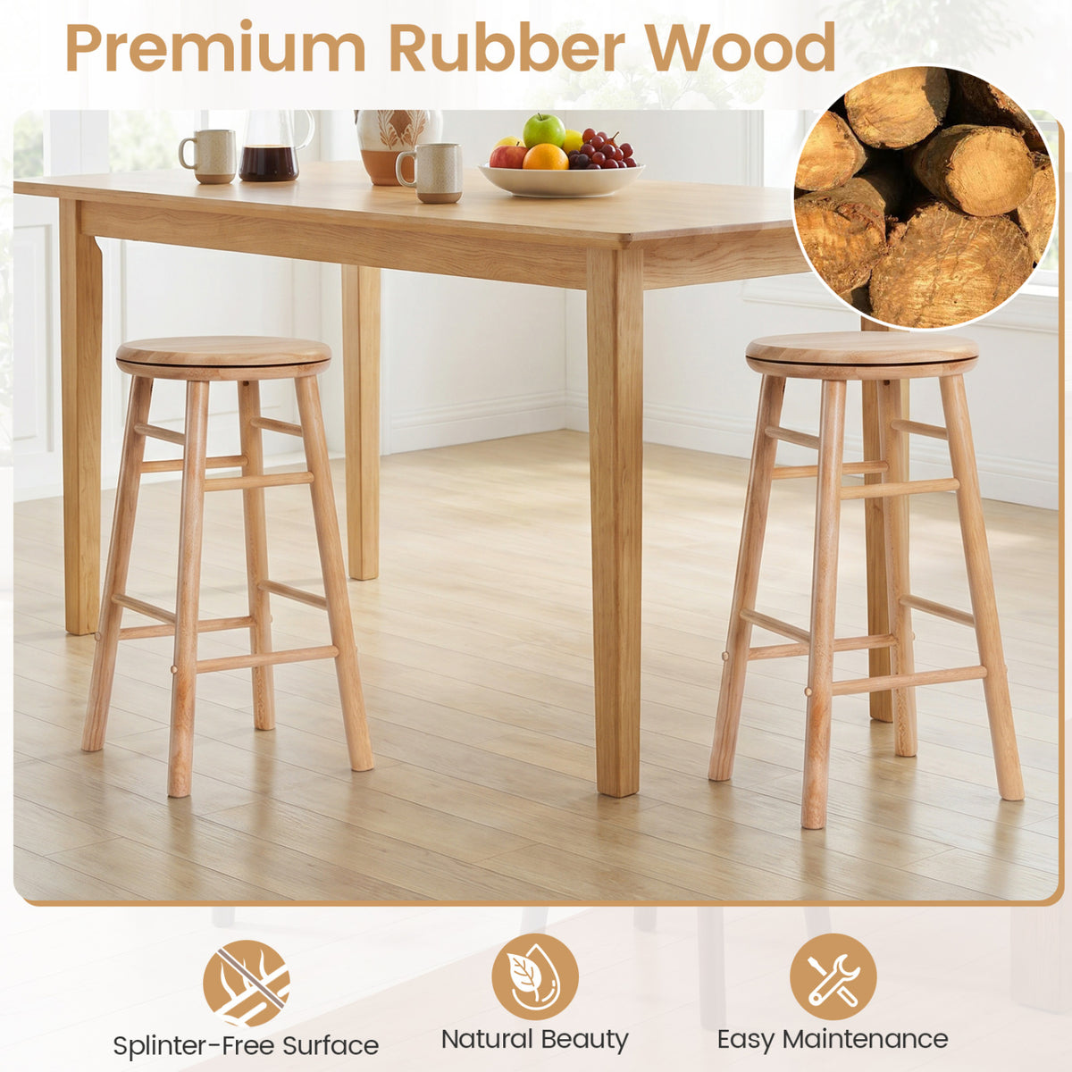 24" Swivel Bar Stools Set of 2 with Footrests & Crossbars-Natural