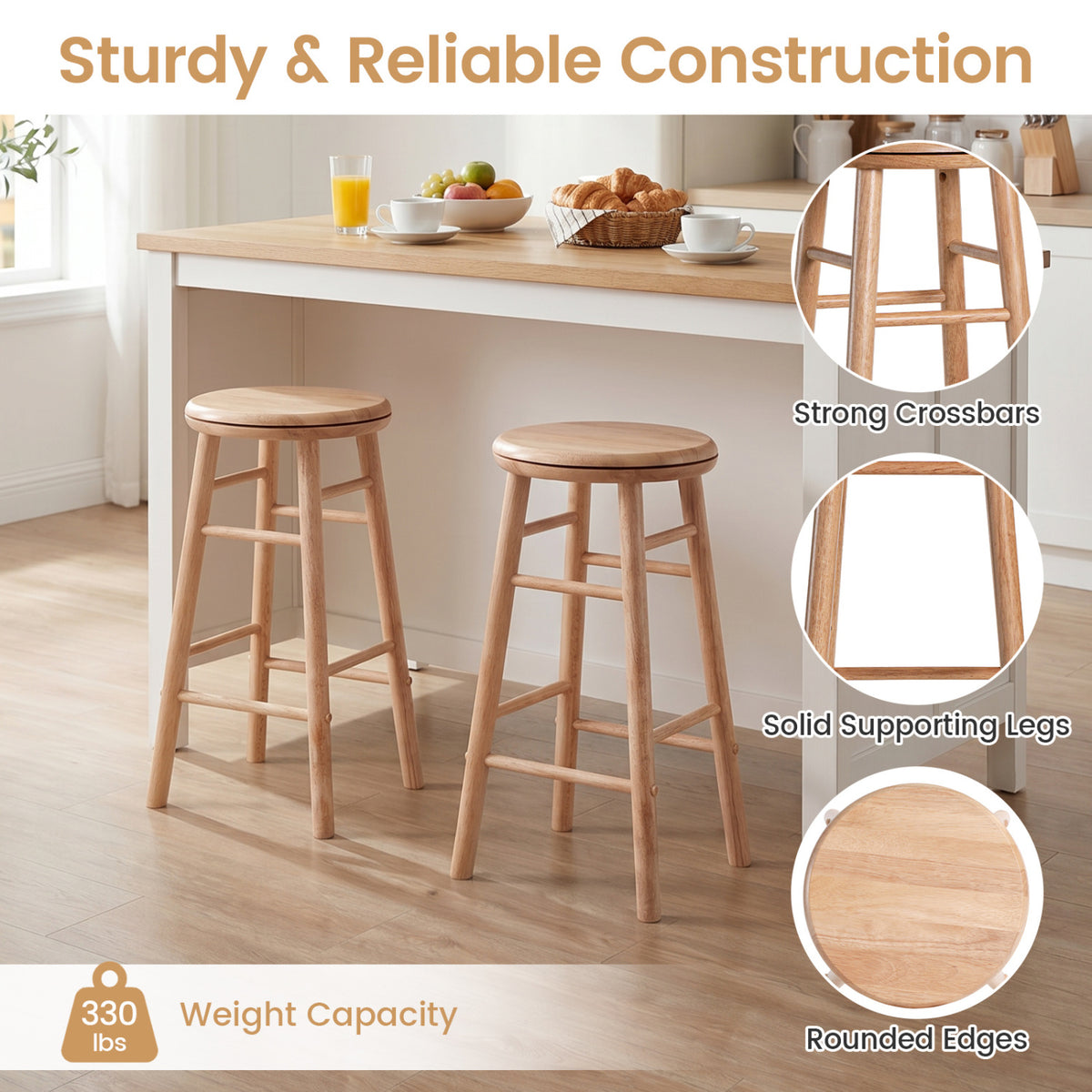 24" Swivel Bar Stools Set of 2 with Footrests & Crossbars-Natural